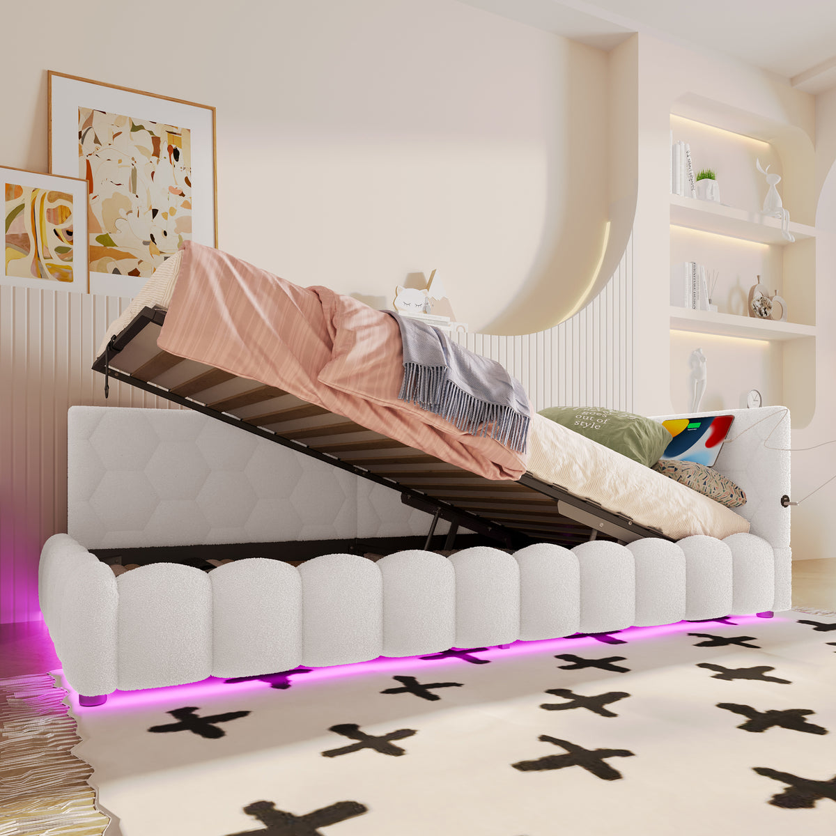 Daybed 90x200cm LED Hydraulic Storage USB White Imitation Fleece