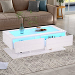 Coffee Table 100x50x35cm, High-Gloss with Drawers, LED Light & Glass Top, White