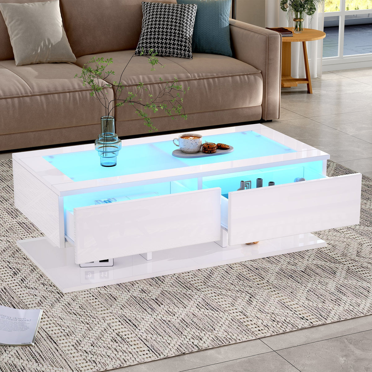 Coffee Table 100x50x35cm, High-Gloss with Drawers, LED Light & Glass Top, White