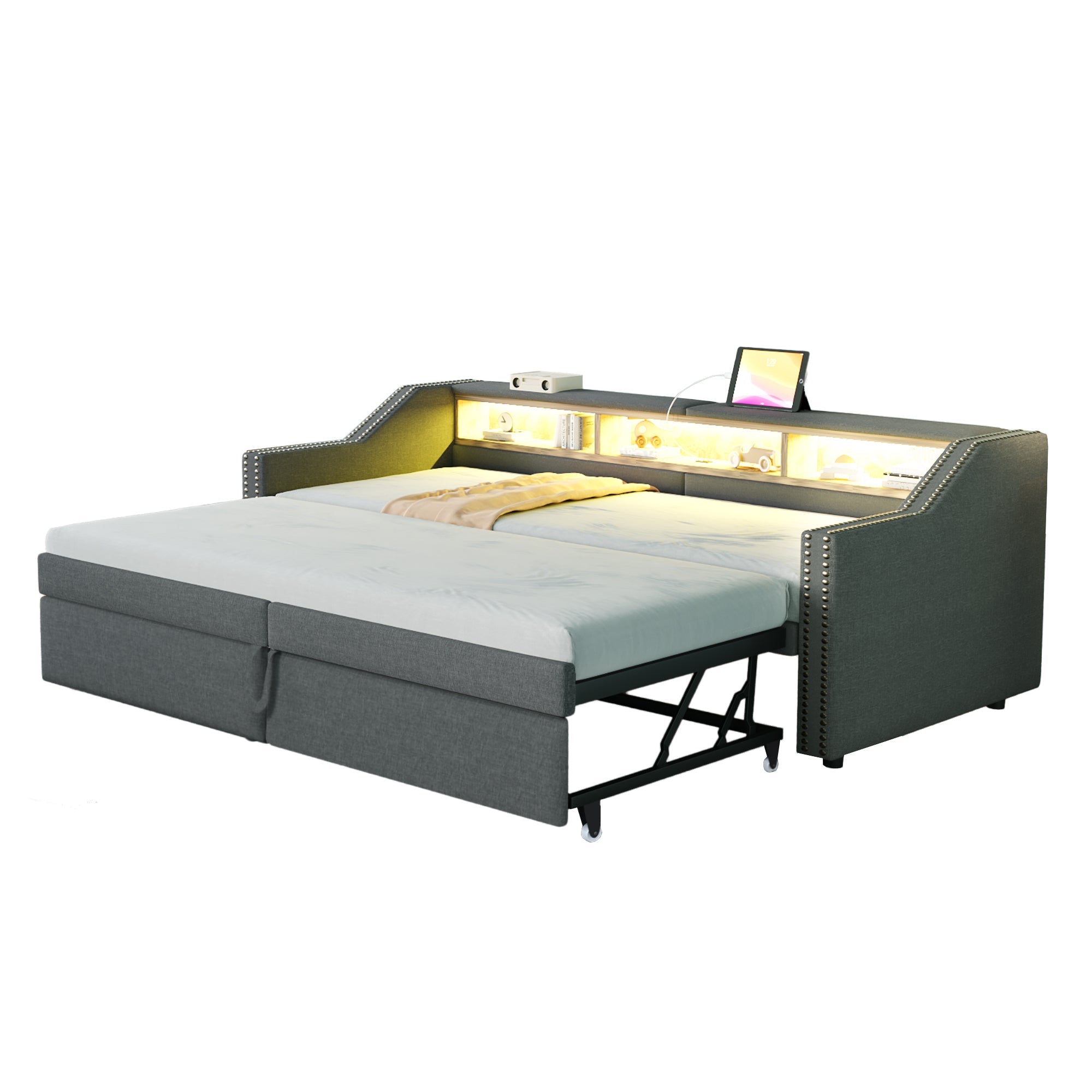 N623P307921E Sofa Bed, Pull-Out 90x200cm to 180x200cm, Upholstered with Storage/USB/LED