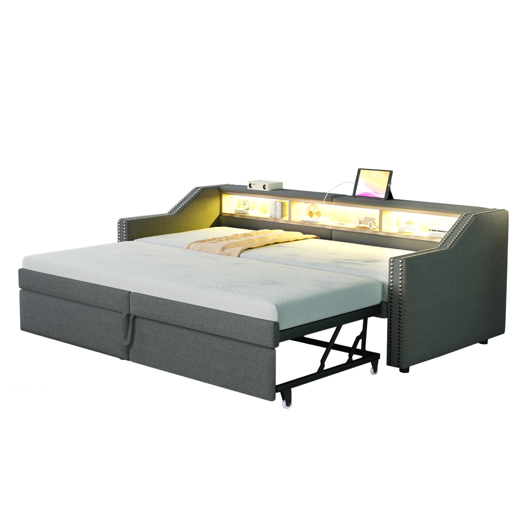 N623P307921E Sofa Bed, Pull-Out 90x200cm to 180x200cm, Upholstered with Storage/USB/LED