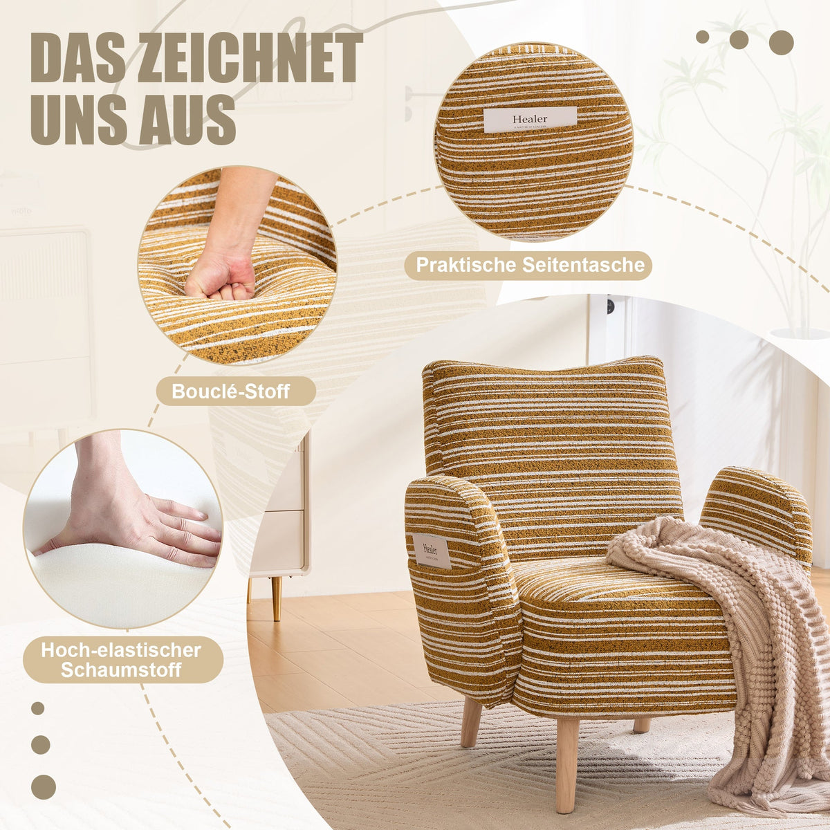 Armchair Modern Circular Pattern Side Pocket Solid Wood Legs - Fabric