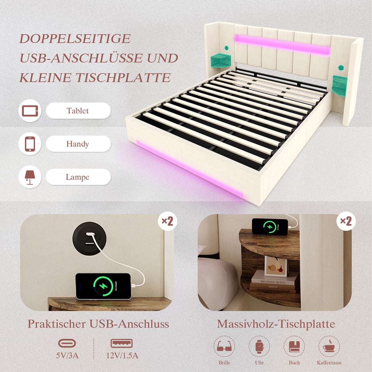 Multifunctional Bed Frame with LED & USB 180x200cm - Velvet