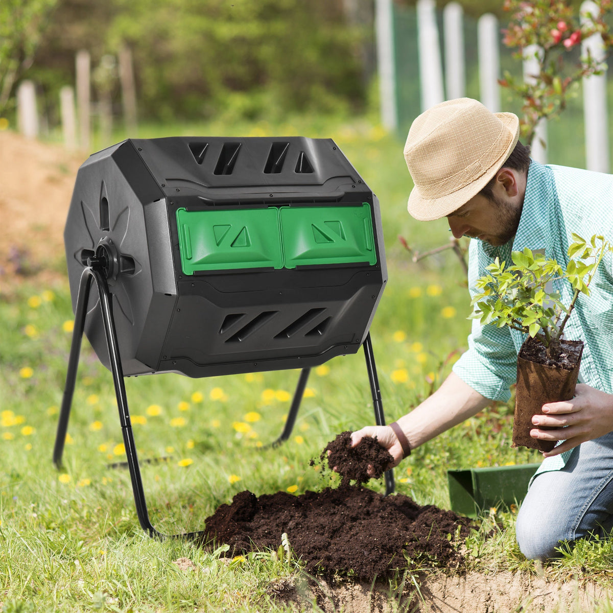 Drum Composter 160L, 2 Chambers, Rotatable, Black