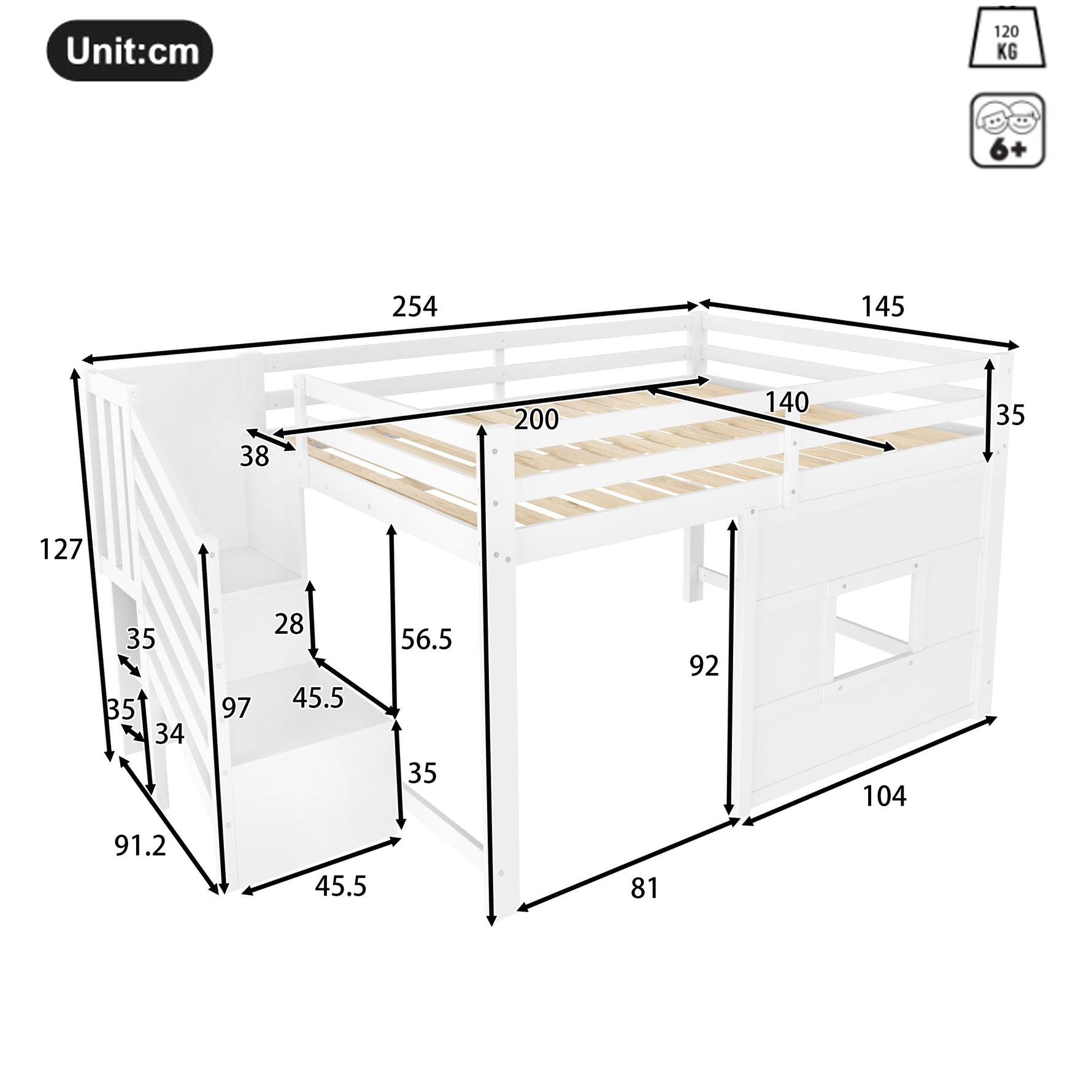 Loft Bed 140x200 with Storage Stairs and Window, White