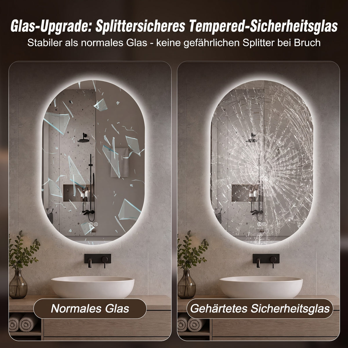 Capsule LED Bathroom Mirror 50x80cm Anti-Fog, Tempered Glass