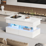 Liftable Coffee Table, Height-Adjustable Hidden Storage LED 2 Drawers, White MDF/Acrylic