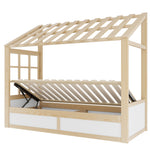 Kids Country Bed 90x200cm with Storage & Roof, Wood & White
