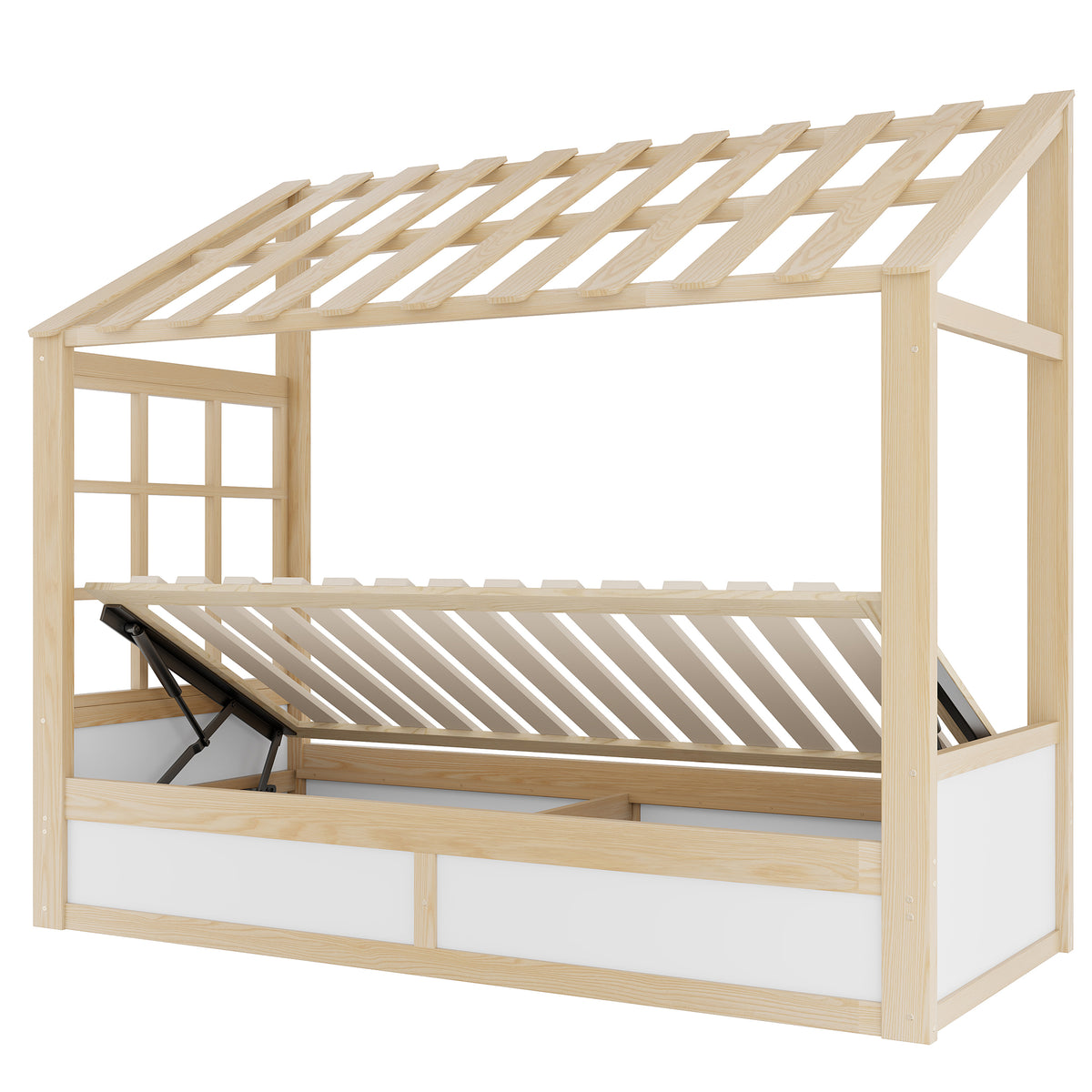 Kids Country Bed 90x200cm with Storage & Roof, Wood & White