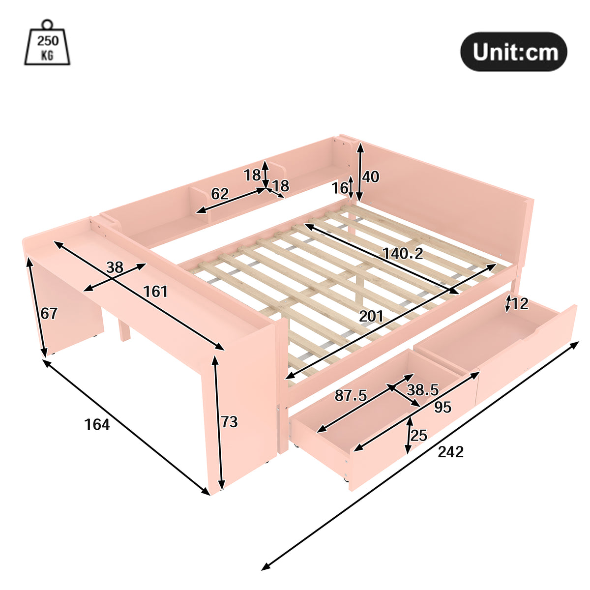 Wooden Double Bed 140x200cm with Desk & Drawers, Pink Pine