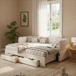Upholstered Daybed Sofa Bed Extendable 90x200cm Storage Drawers USB Port Beige Linen