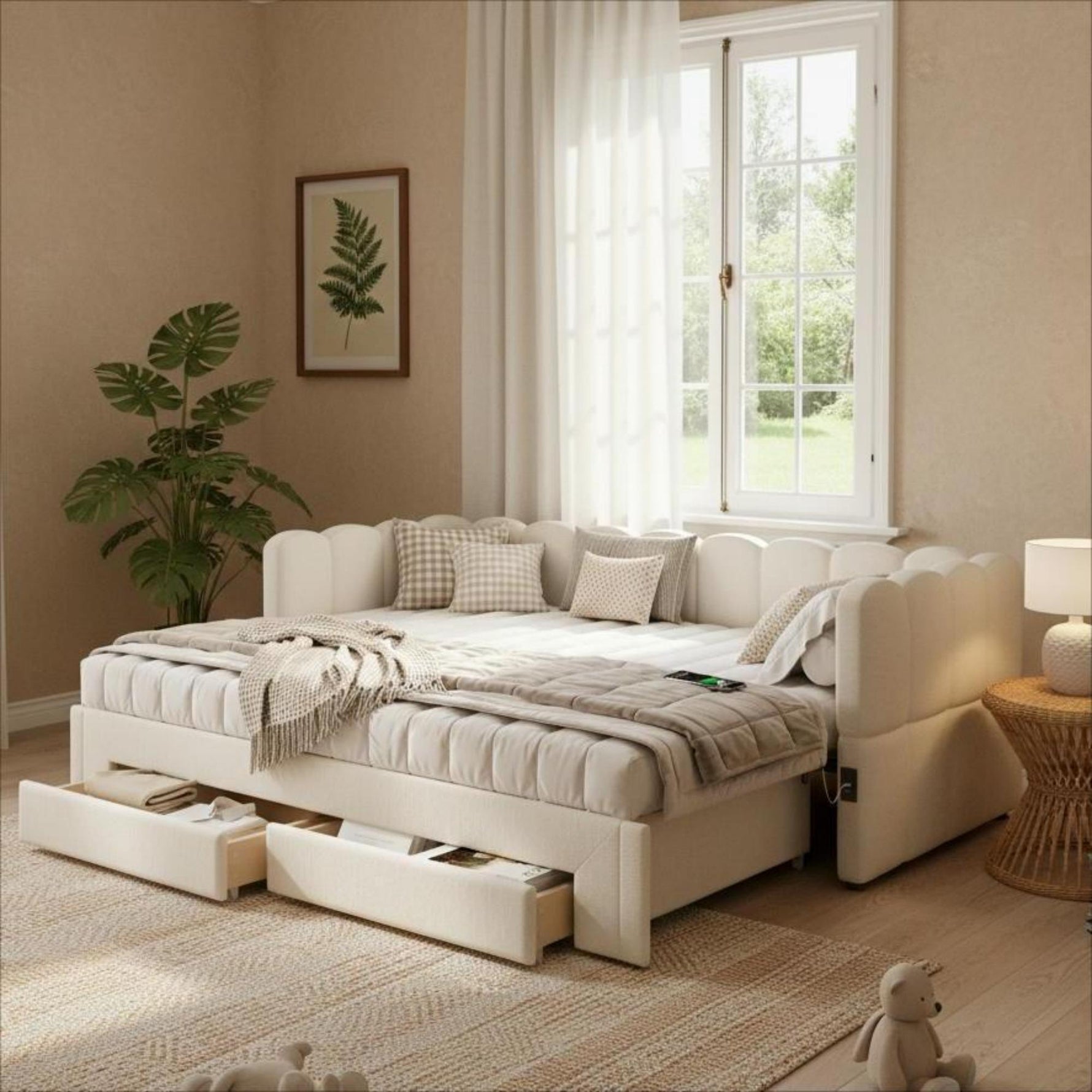 Upholstered Daybed Sofa Bed Extendable 90x200cm Storage Drawers USB Port Beige Linen
