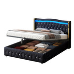 Upholstered Bed, 140x200cm LED Hydraulic Storage, Velvet Black