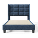 Modern design upholstered bed, single with slatted frame 90x200cm, blue linen