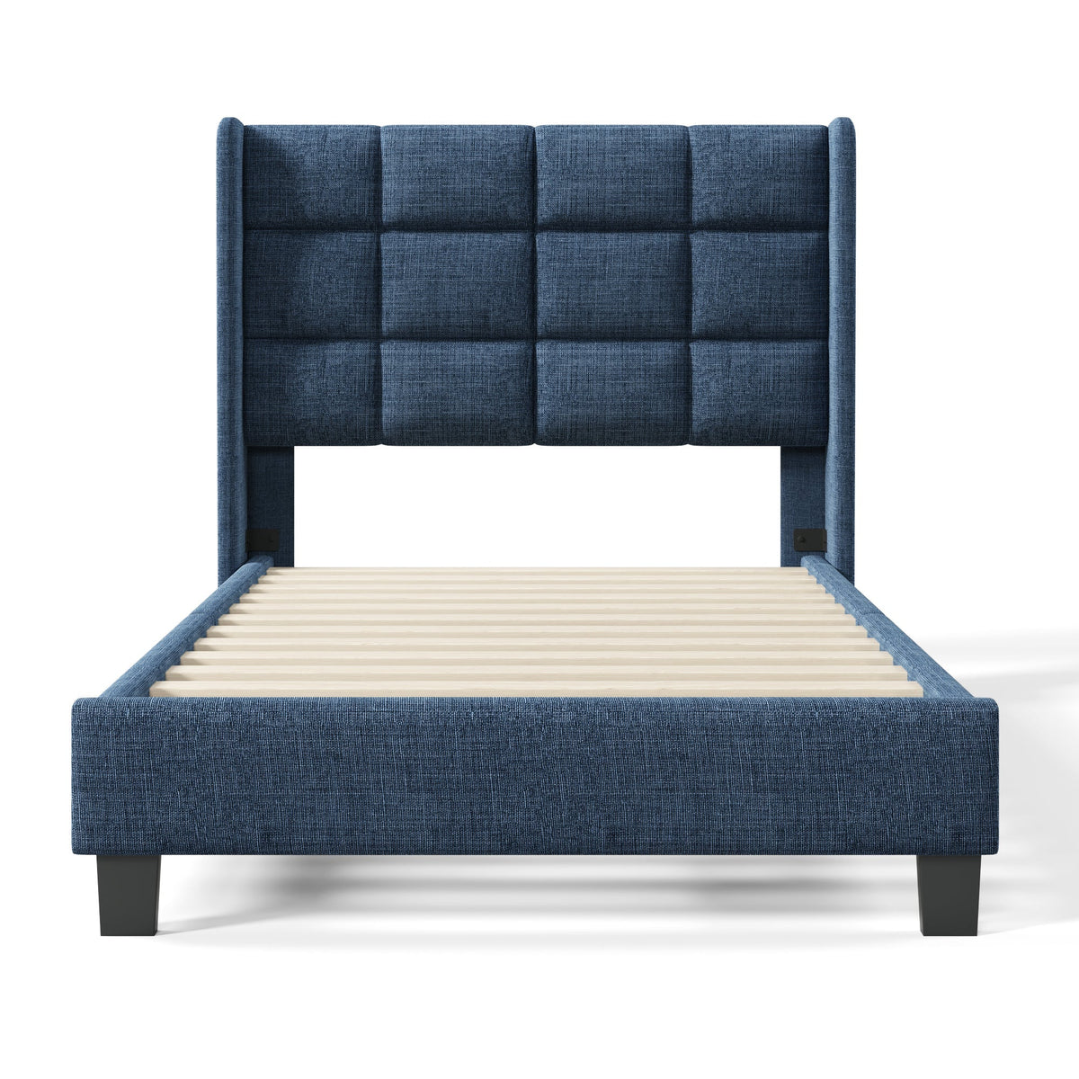 Modern design upholstered bed, single with slatted frame 90x200cm, blue linen