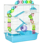 Small Animal Cage, 5-Level with Exercise Wheel, Light Blue + White Plastic