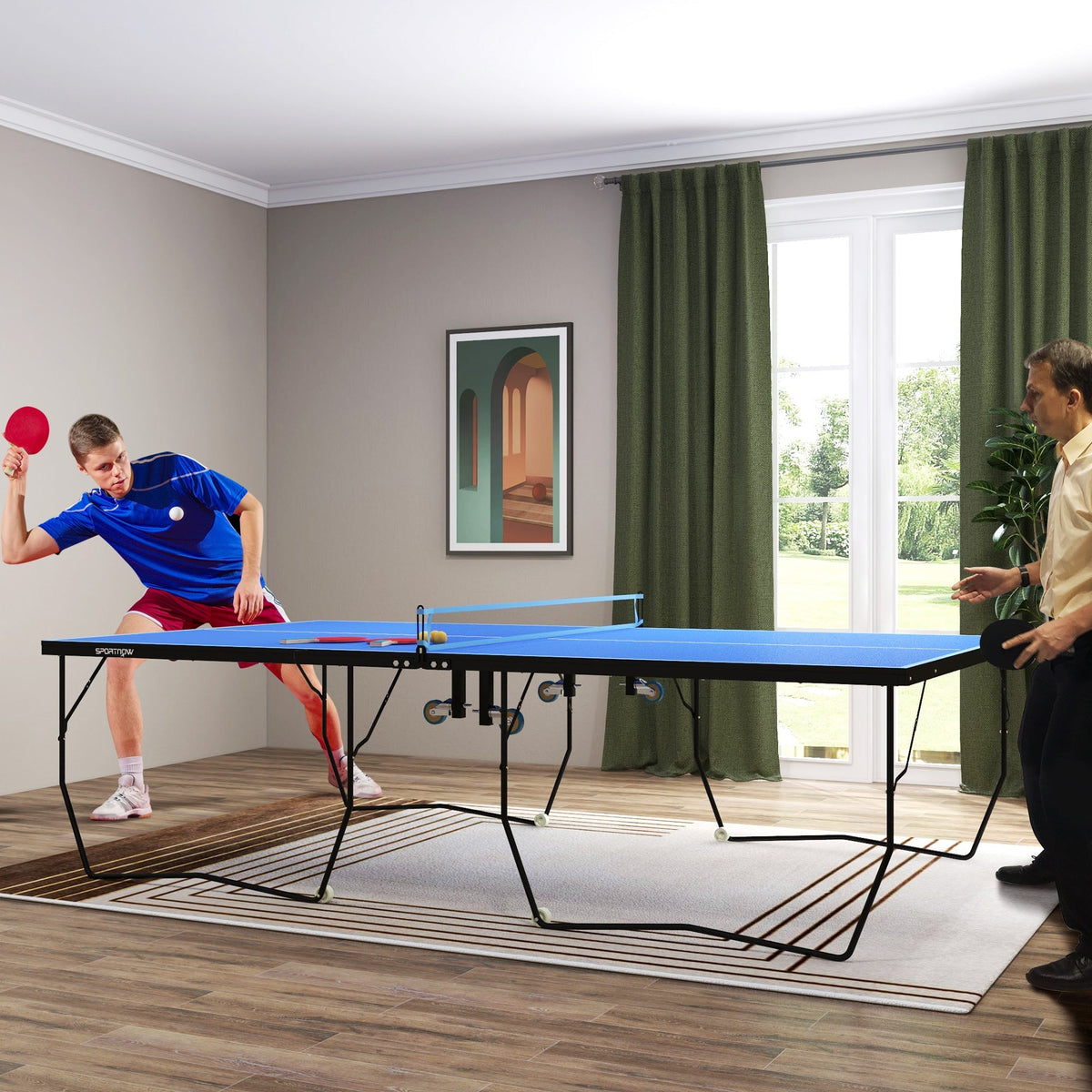 Table Tennis Table, Foldable with Net, Wheels, Steel, Blue