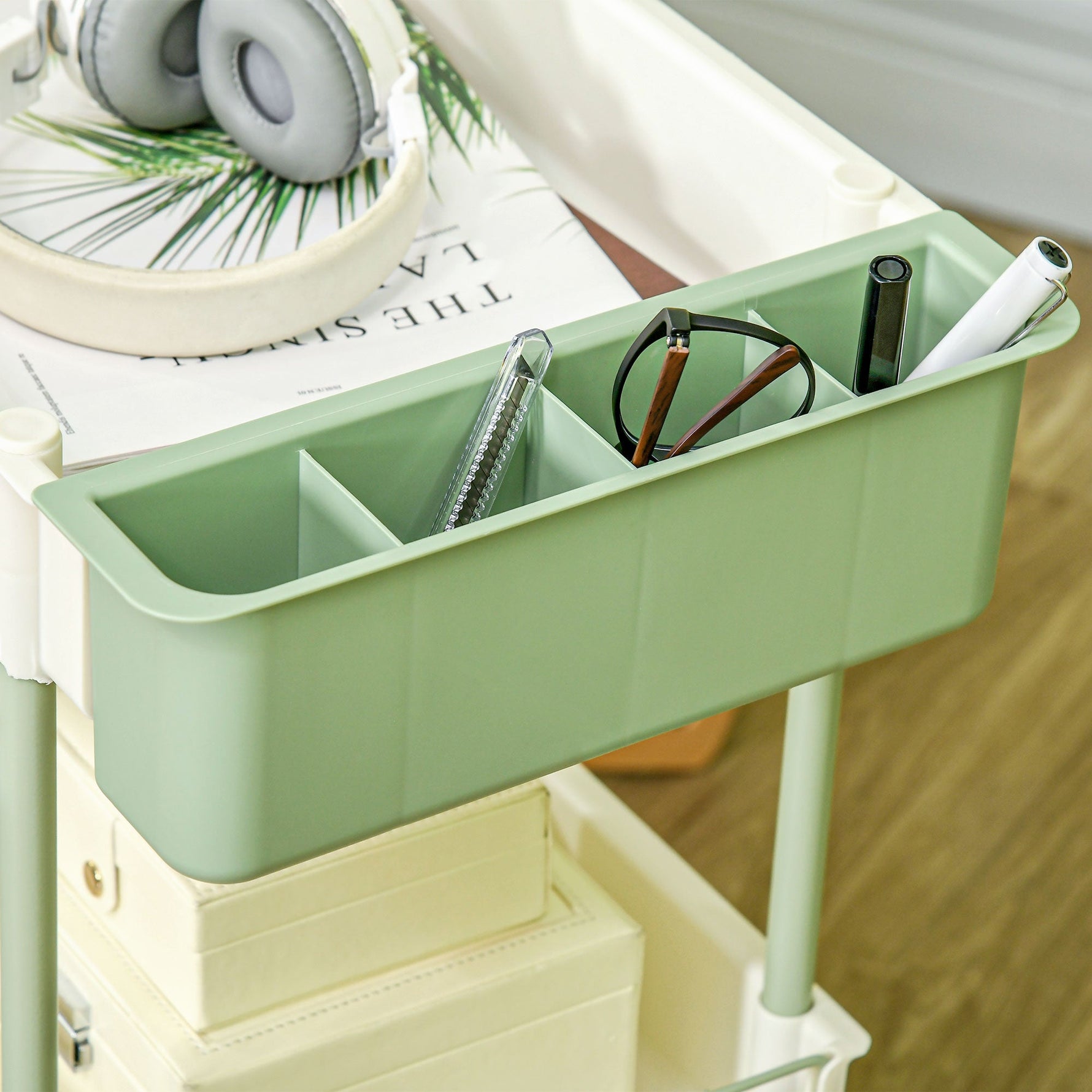 Rolling Serving Cart, 3 Tier Hanging Basket, Steel White