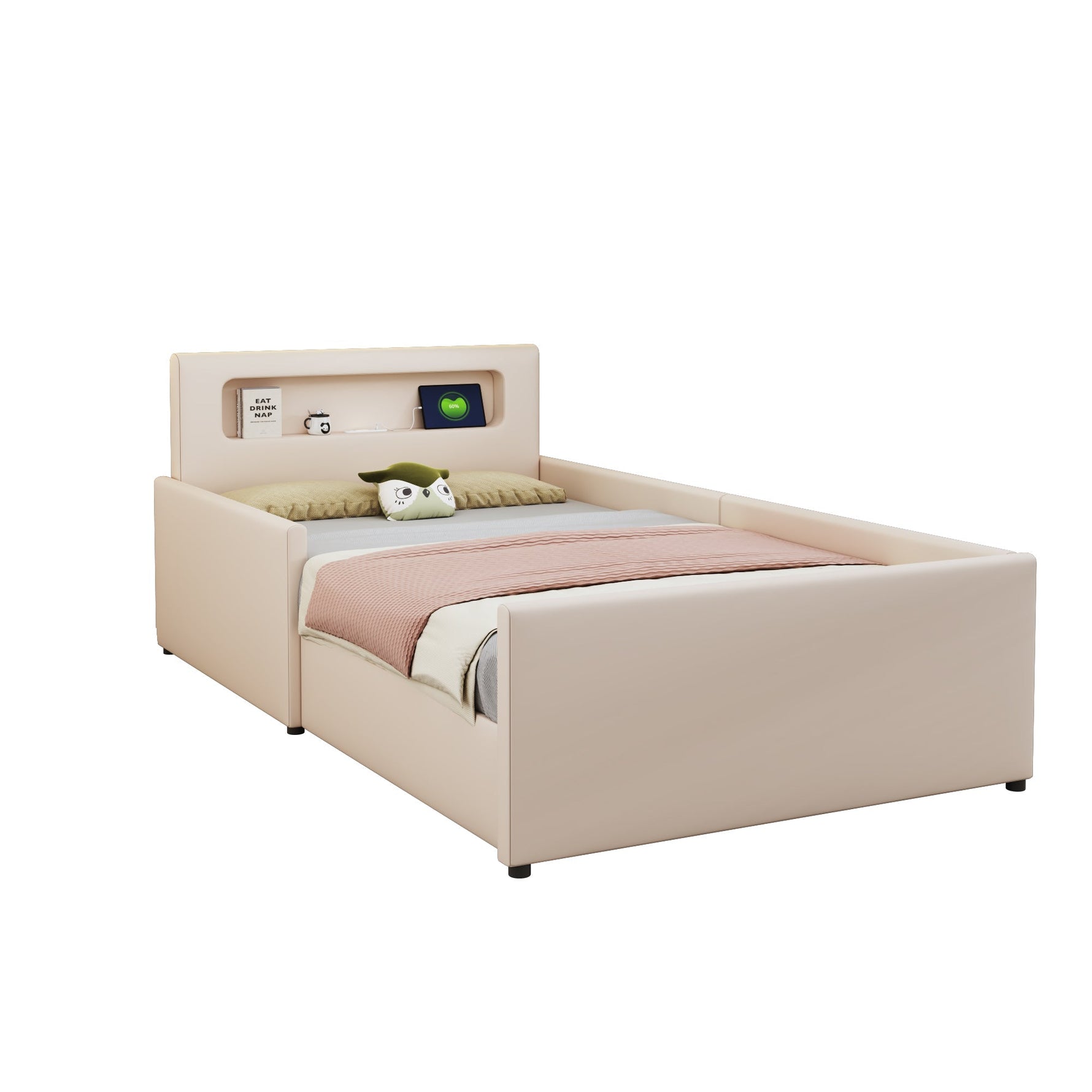 Upholstered Children's Bed 90x200cm Night Light USB Storage Safety Faux Leather Beige
