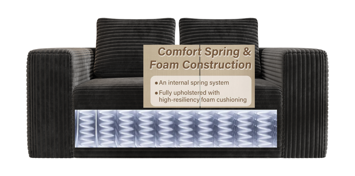 Boneless Deep Seat 2-Seater Couch No Assembly Foam Floor Sofa Plush Corduroy Black