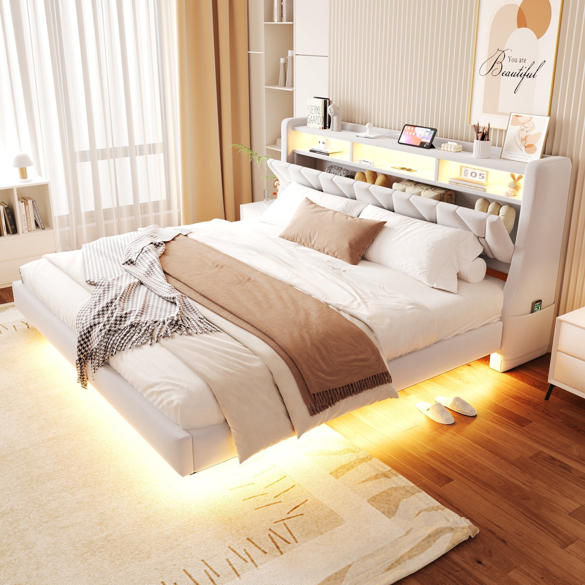 Upholstered Bed 180 x 200 cm with Storage Headboard, Charging Station and LED Lighting, Beige Velvet Fabric