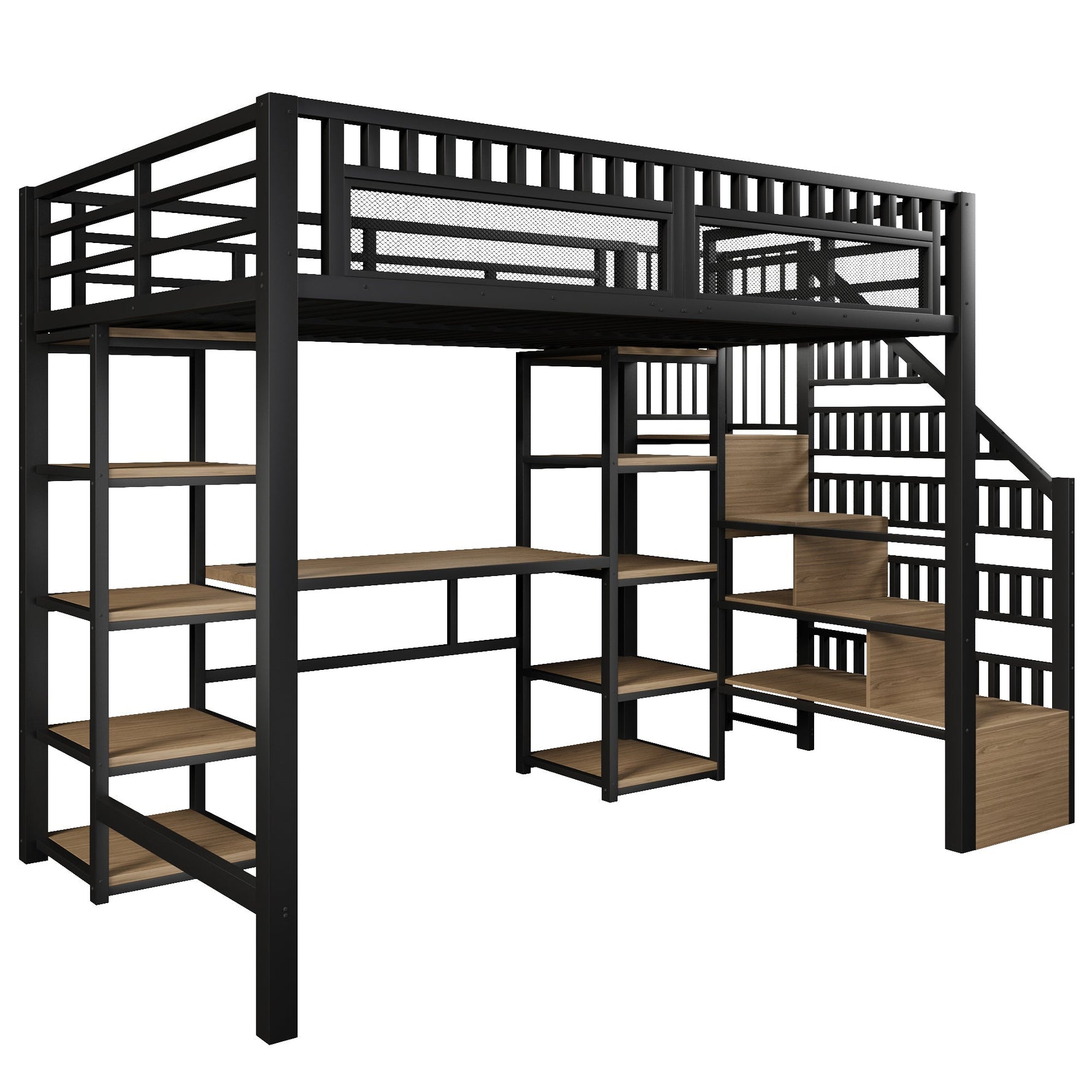 Loft Bed with Desk, Storage Ladder and LED Strip, Black Iron Frame