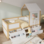 Children's Bed, Half-Height House Bed with 4 Drawers & Stairs, Pine+MDF+Plywood, White+Natural, 90x200cm