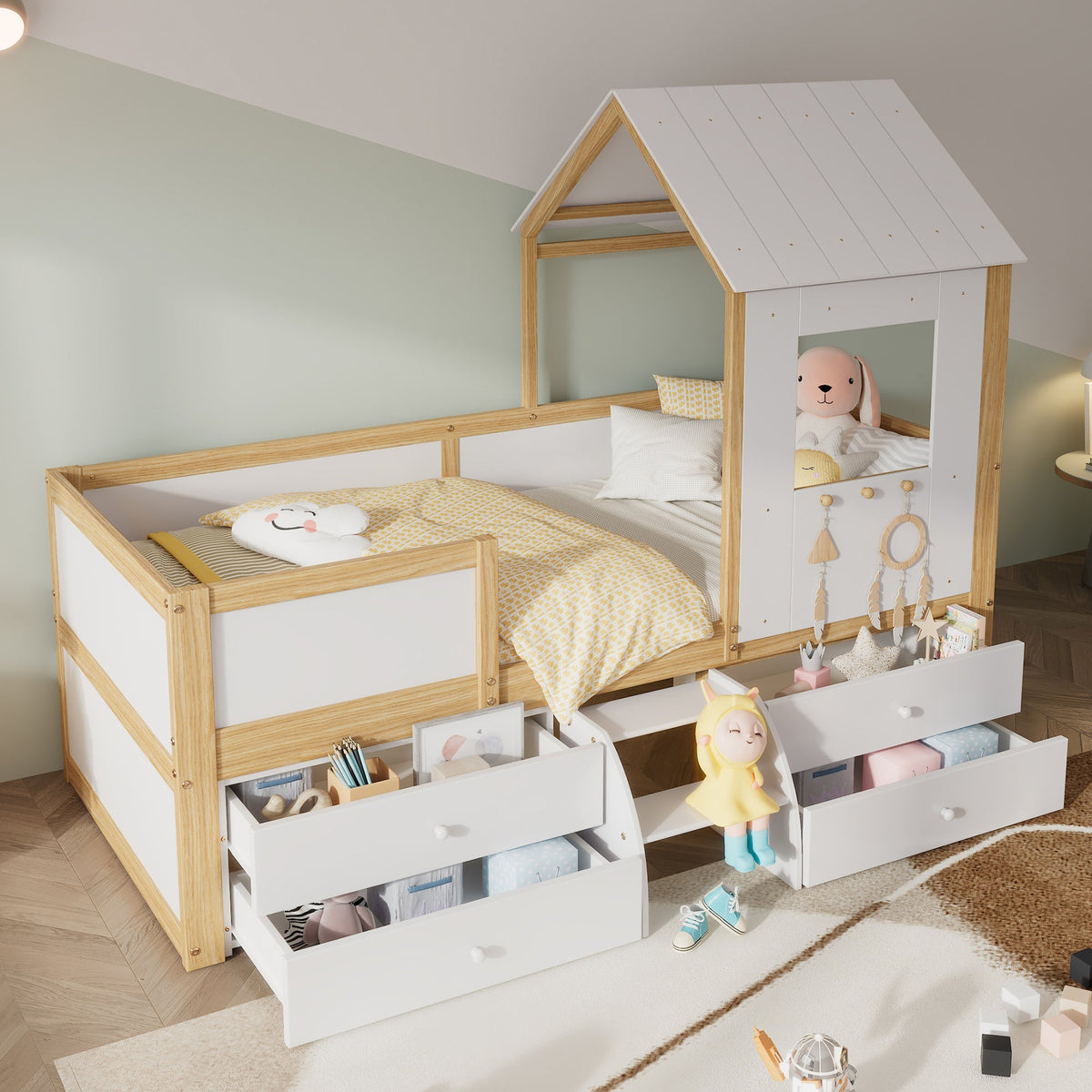 Children's Bed, Half-Height House Bed with 4 Drawers & Stairs, Pine+MDF+Plywood, White+Natural, 90x200cm