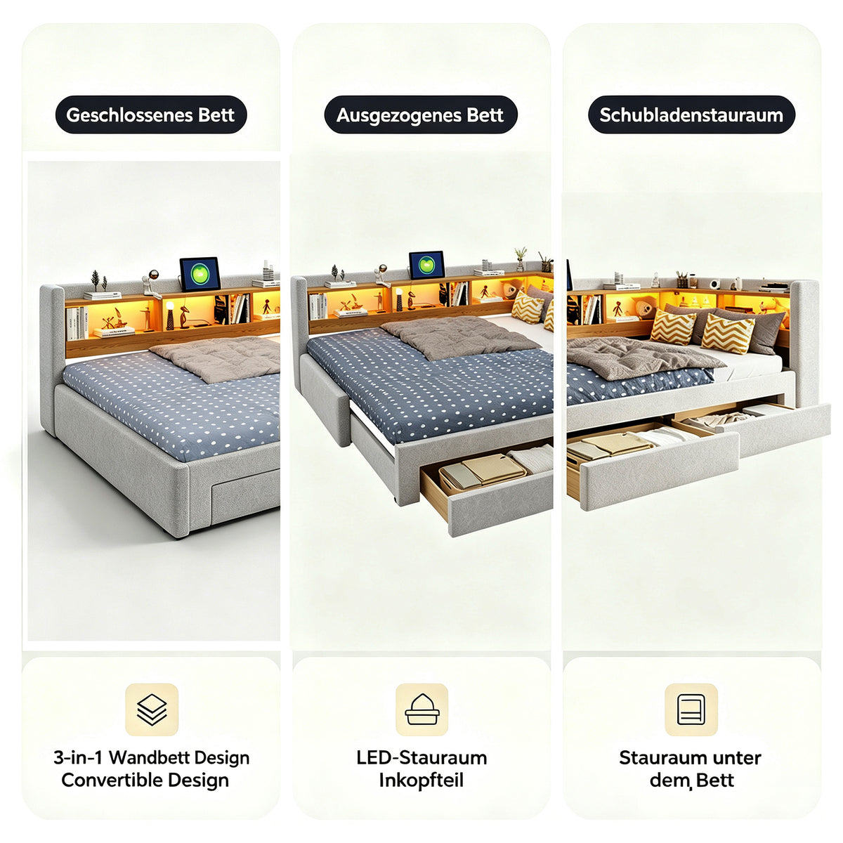 3-in-1 Extendable Sofa Bed 90x200cm with LED & Drawers, Wood