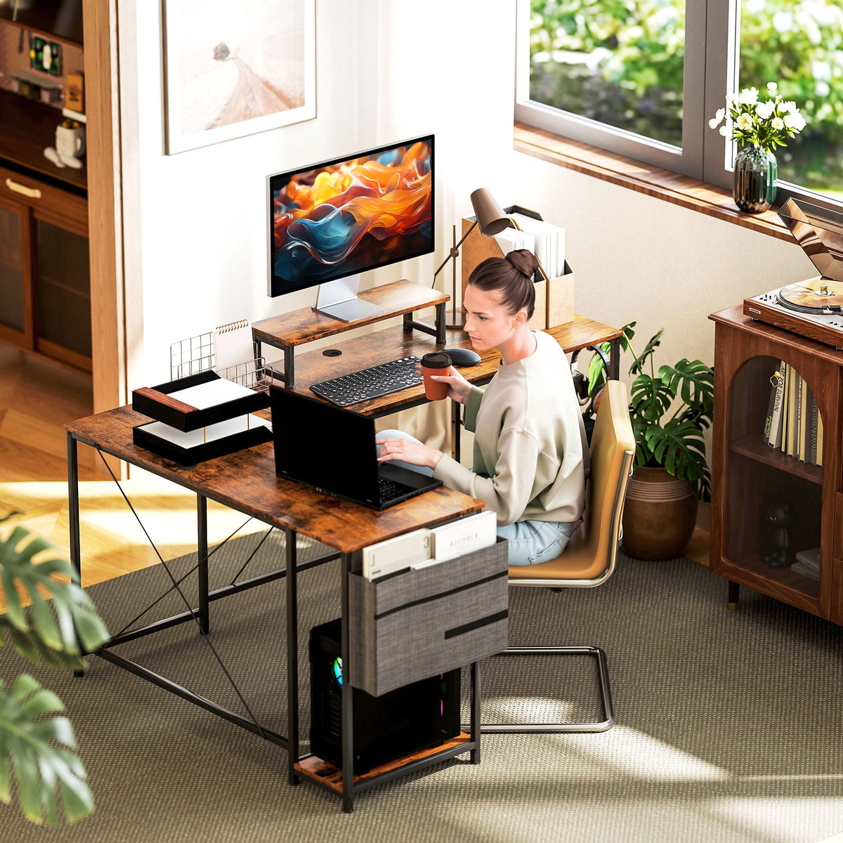 L-Shaped Desk with Corner Storage, Monitor Stand, Reversible - Rustic Brown