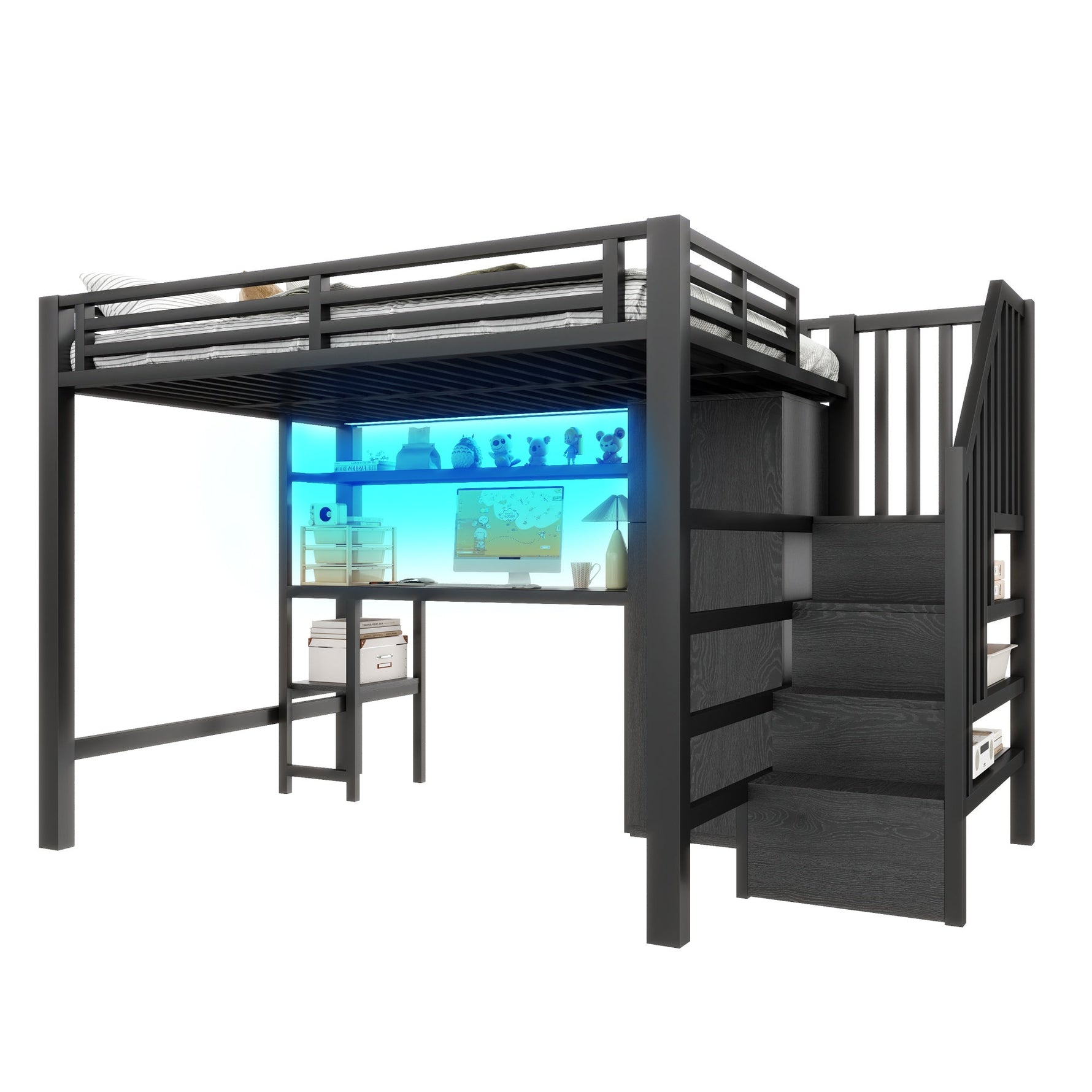 Metal Loft Bed with Desk, Shelf, Wardrobe and Storage Stairs, 140x200cm, Black Metal