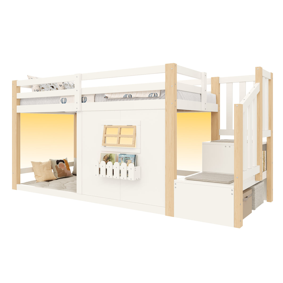 Loft Bed 90x200cm with Window, Storage & LED, Natural White Pine