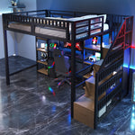 Loft Bed with Desk, Storage Ladder and LED Strip, Black Iron Frame