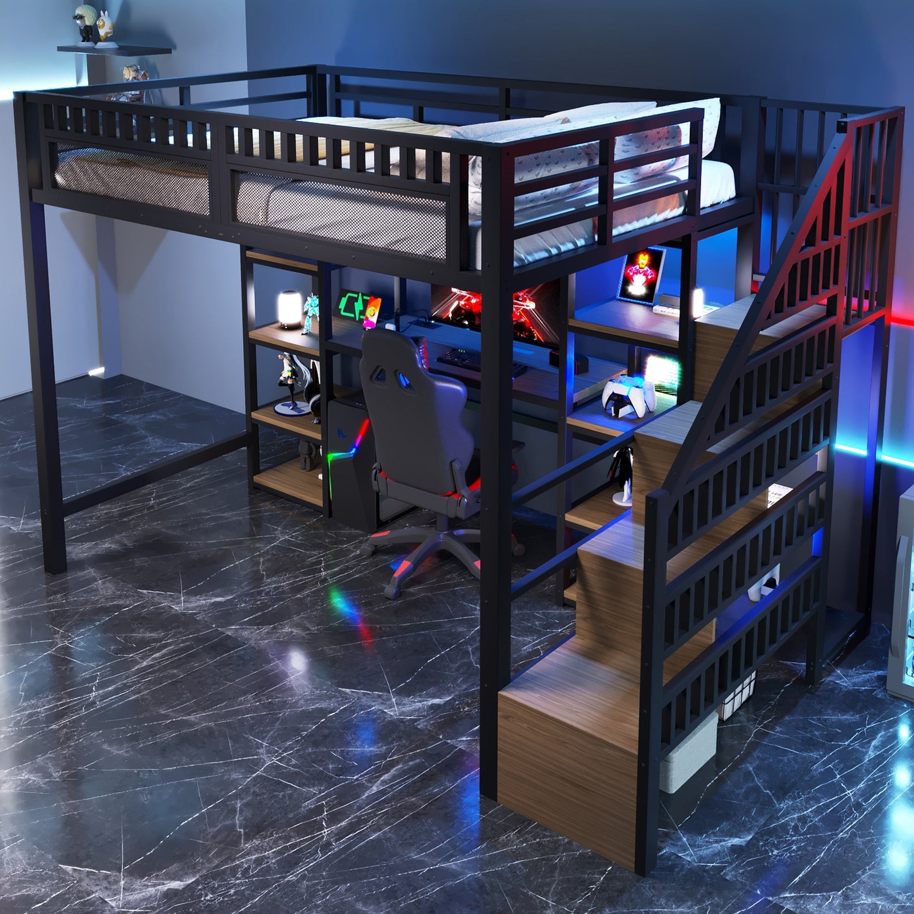 Loft Bed with Desk, Storage Ladder and LED Strip, Black Iron Frame