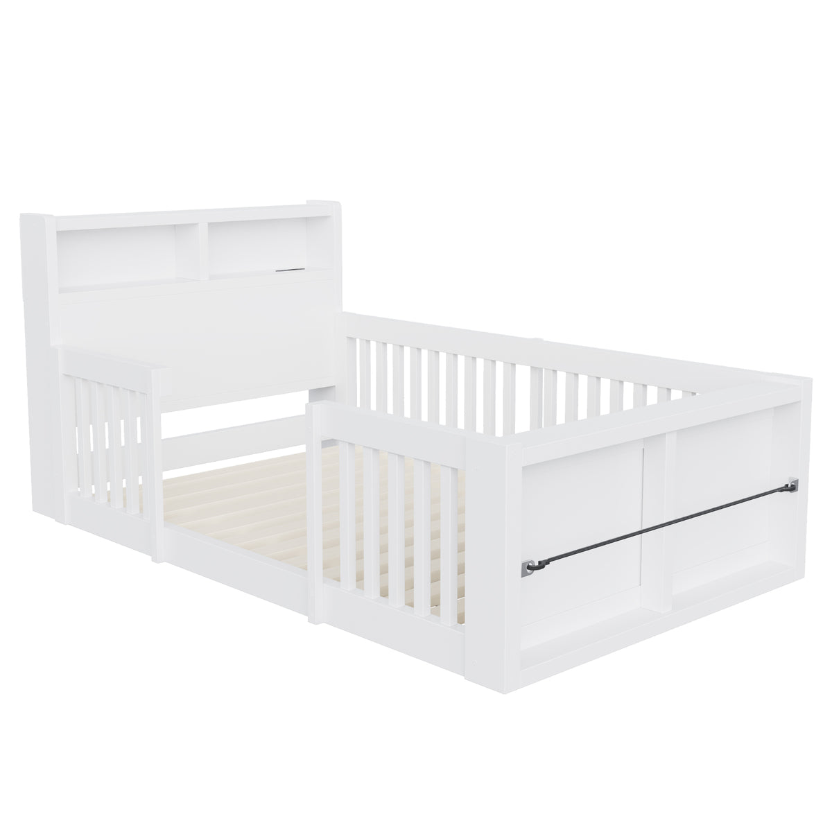 Wooden Single Bed 90x190cm with USB, Light & Storage, White
