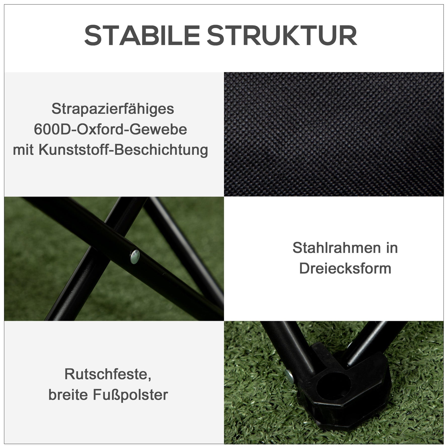 Camping Chair Foldable with Side Pocket, Steel Legs, Black Oxford