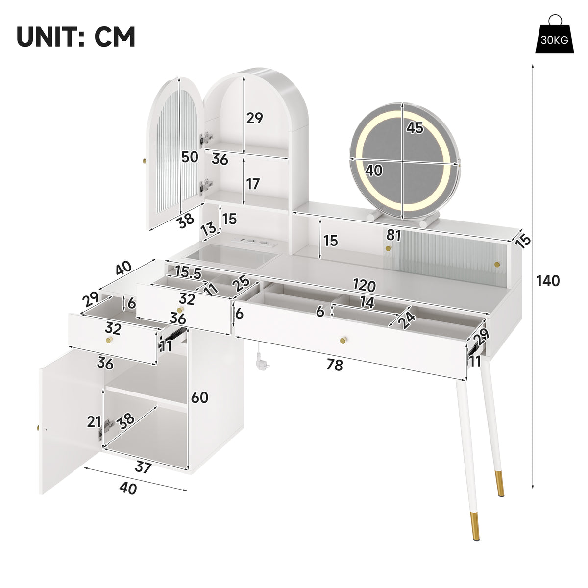 Vanity Table with LED Mirror & USB Ports, L-Shape Design, White
