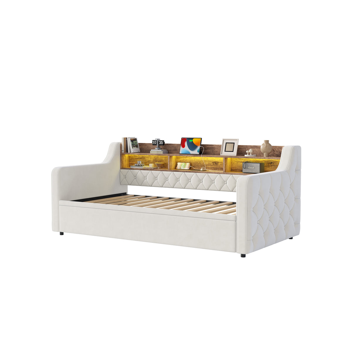 Sofa Bed 90x190cm with Trundle, Storage & LED, Beige Velvet
