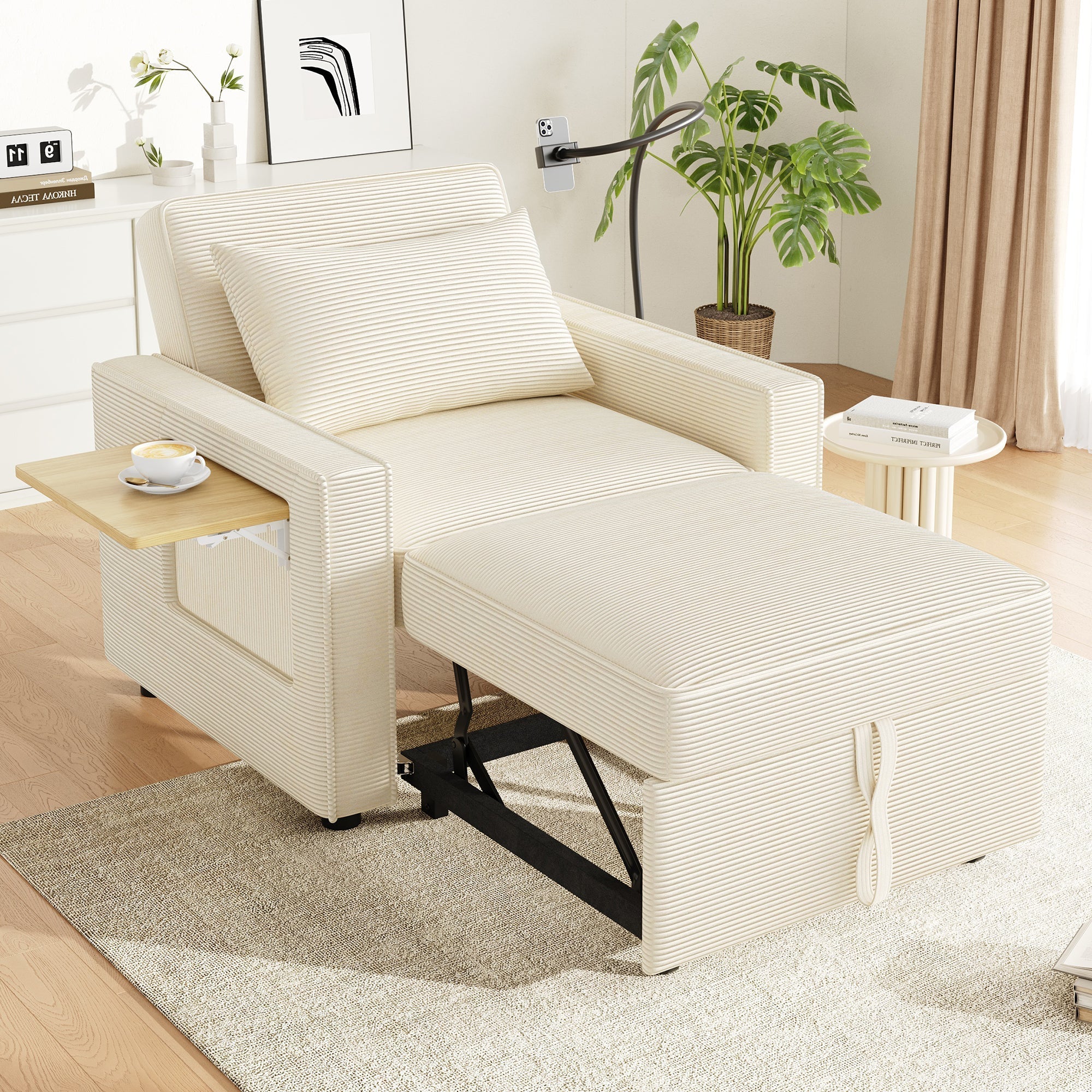 Multifunctional Foldable Sofa Bed 1-Seater Recliner USB Charging Space-Saving Corduroy Fabric Beige