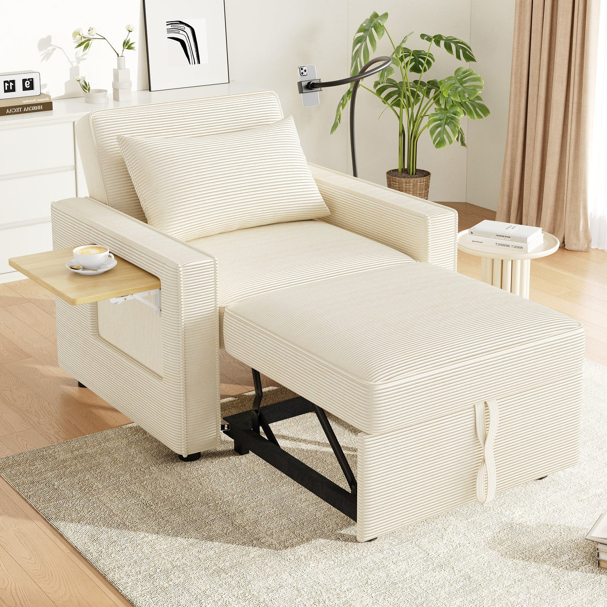 Multifunctional Foldable Sofa Bed 1-Seater Recliner USB Charging Space-Saving Corduroy Fabric Beige