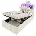 Children's Bed 90x200 Hydraulic Storage & LED, Beige Velvet
