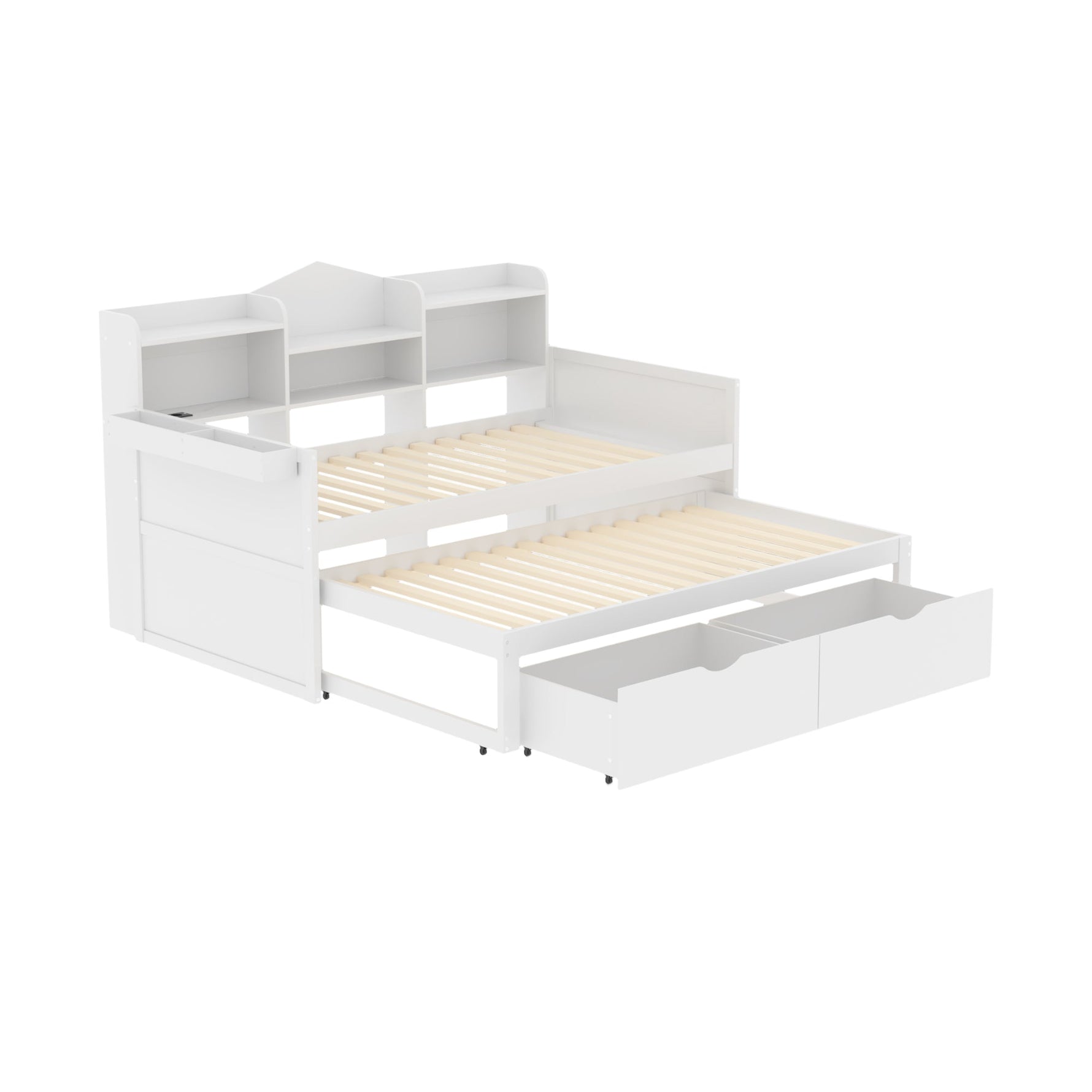 Sofa Bed 90*200, Pull-Out 90*190, 2 Drawers, Storage, USB Socket, Wooden, White