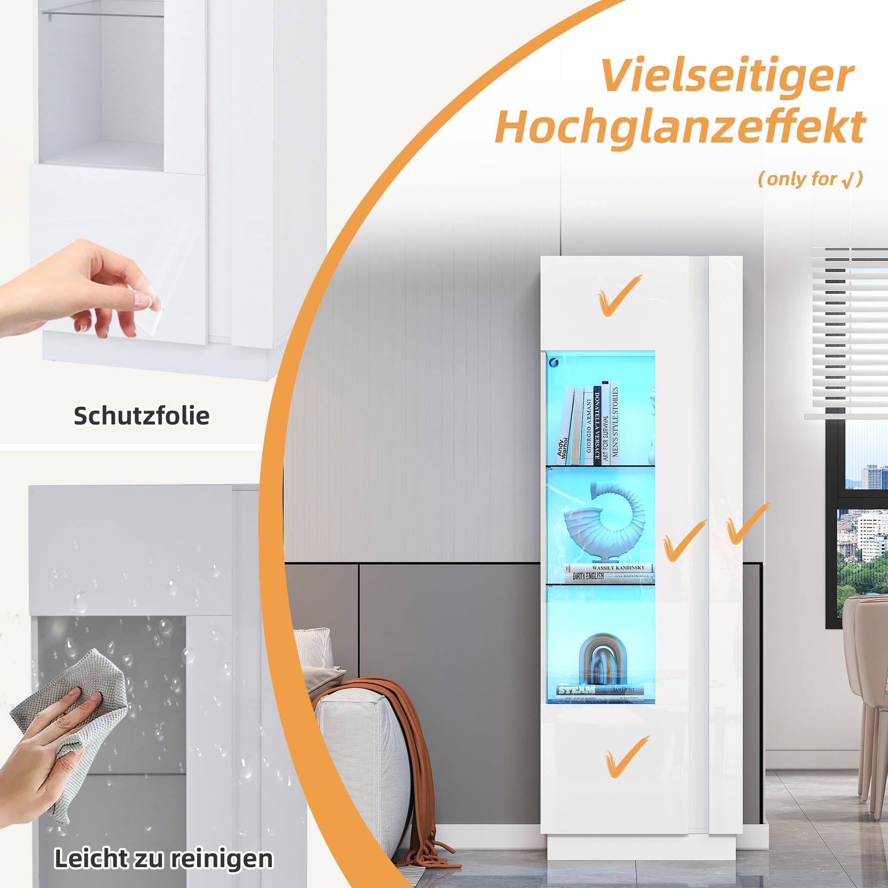 Cabinet, 60x40x180cm High-Gloss Display with LED Lighting, White Acrylic