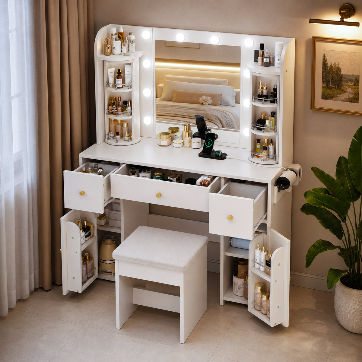 LED Vanity Table with Mirror & Storage Drawers, White