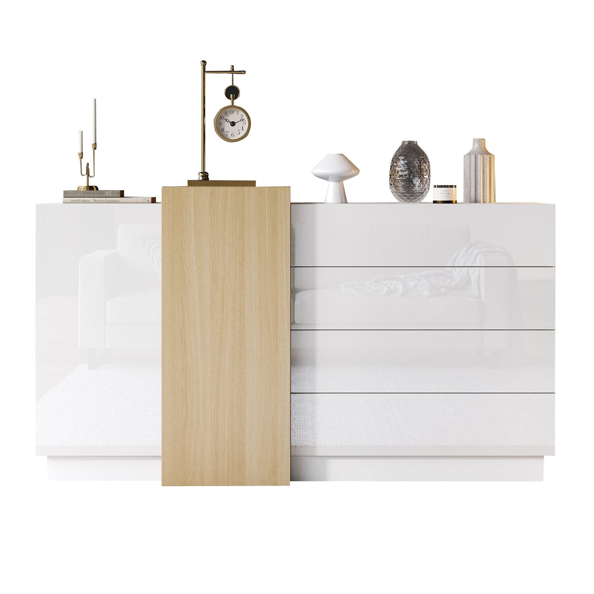Sideboard Storage Cabinet, High-Gloss Modern Wood-Colored White