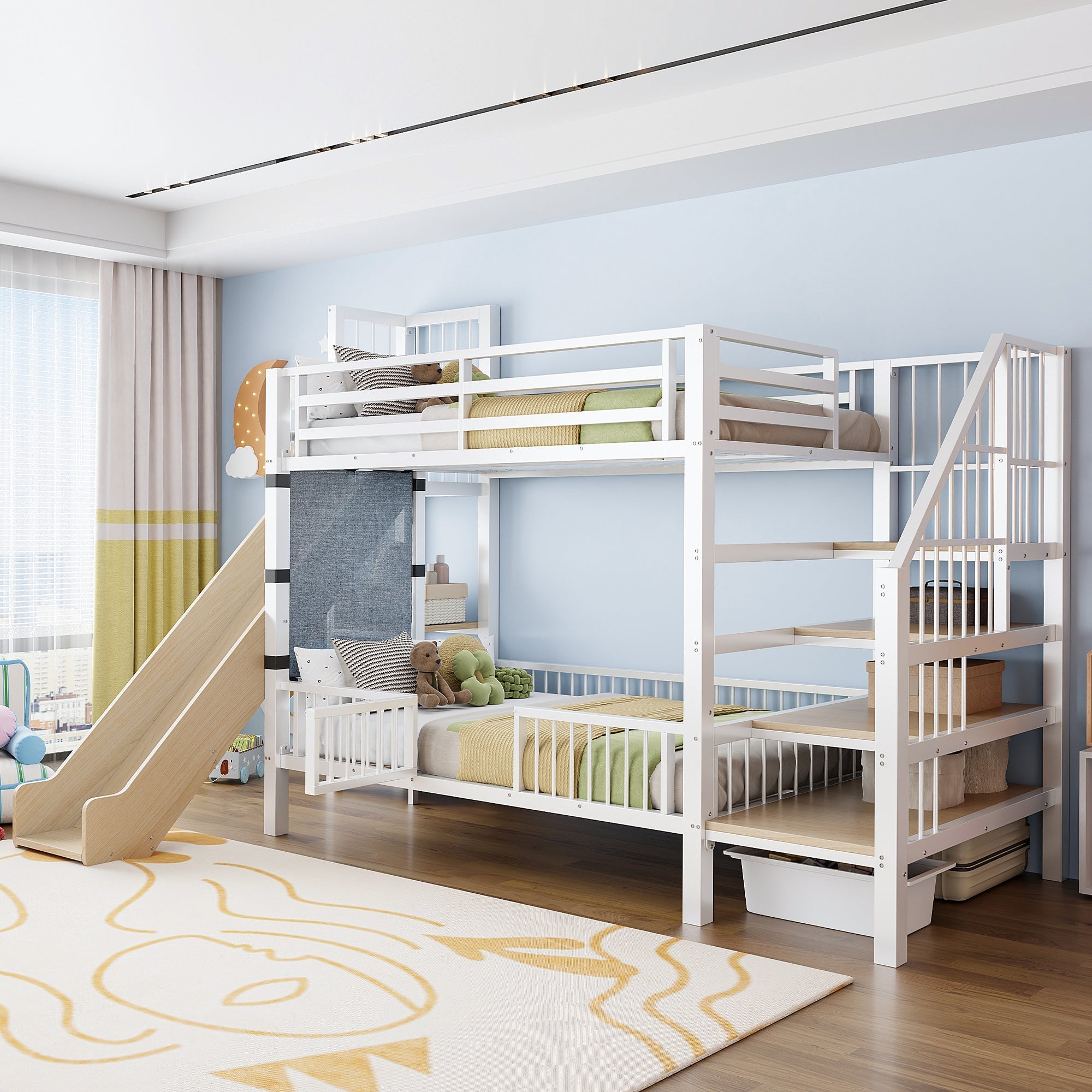 Children's Metal Loft Bed with Slide, Storage Stairs and Integrated Shelves, 90x200cm, White