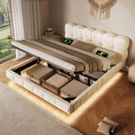 Upholstered Bed 140x190cm, Hydraulic Storage & LED, Beige Chenille