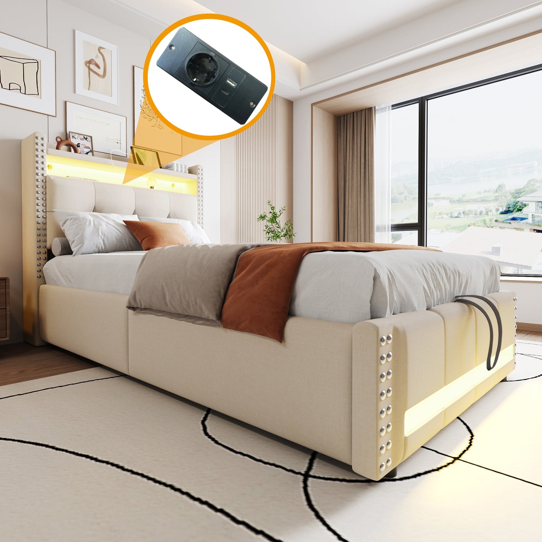 Upholstered Children's Bed with LED, USB, Storage, 90x200cm, Linen Fabric Beige