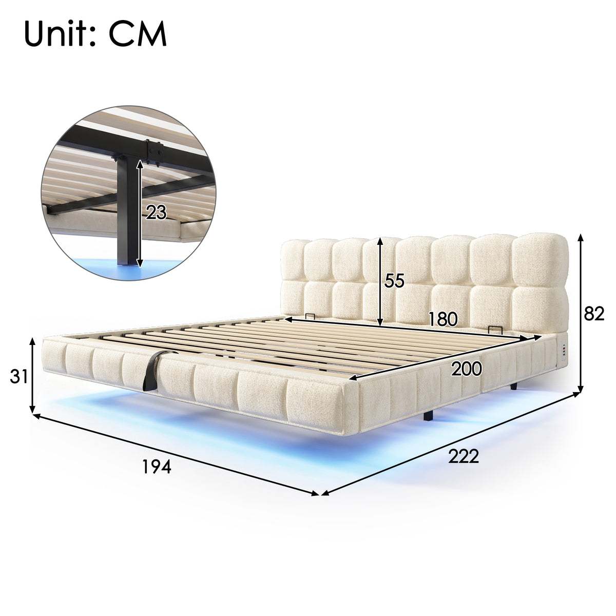 Upholstered Double Bed 180x200cm Storage LED, Beige Chenille