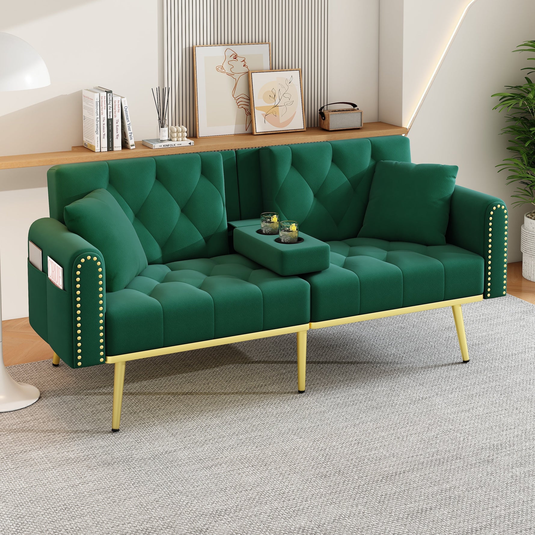 Double Fold-out Sofa Bed Reclining 3-Angle Cup Holders - Fabric Green